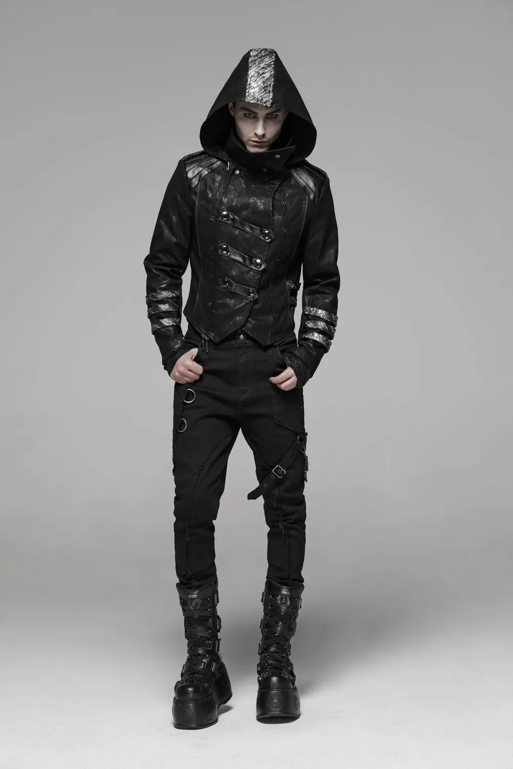 Gothic Style Hooded Longline Coat with Buckles