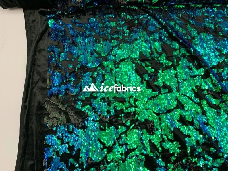 Green Iridescent on Black Velvet Iridescent 2 Way Stretch Embroider Sequins Fabric On Velvet By The Yard