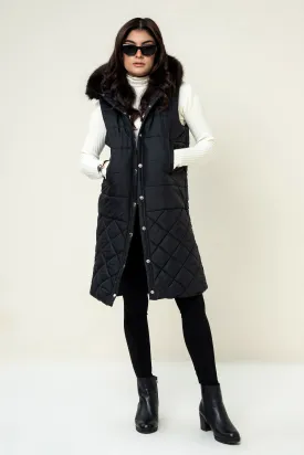 Hannah Neo Long Sleeveless Jacket with Fur hoodie Black ( 7 days delivery)
