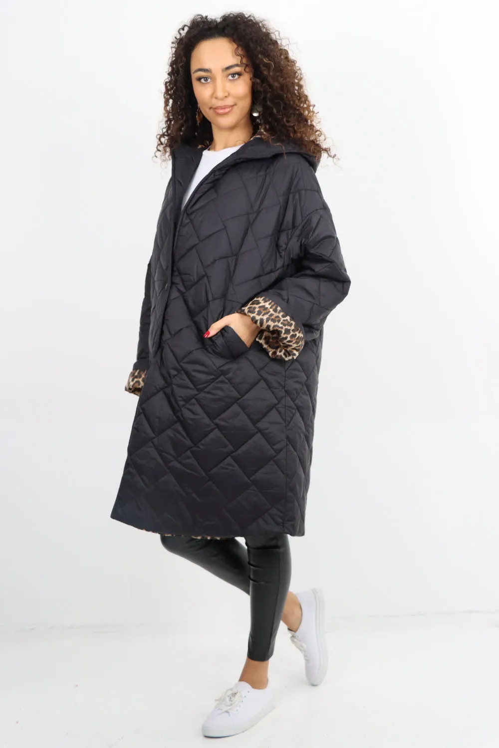 Italian  Hooded Longsleeve Leopard Lined Quilted Padded Jacket