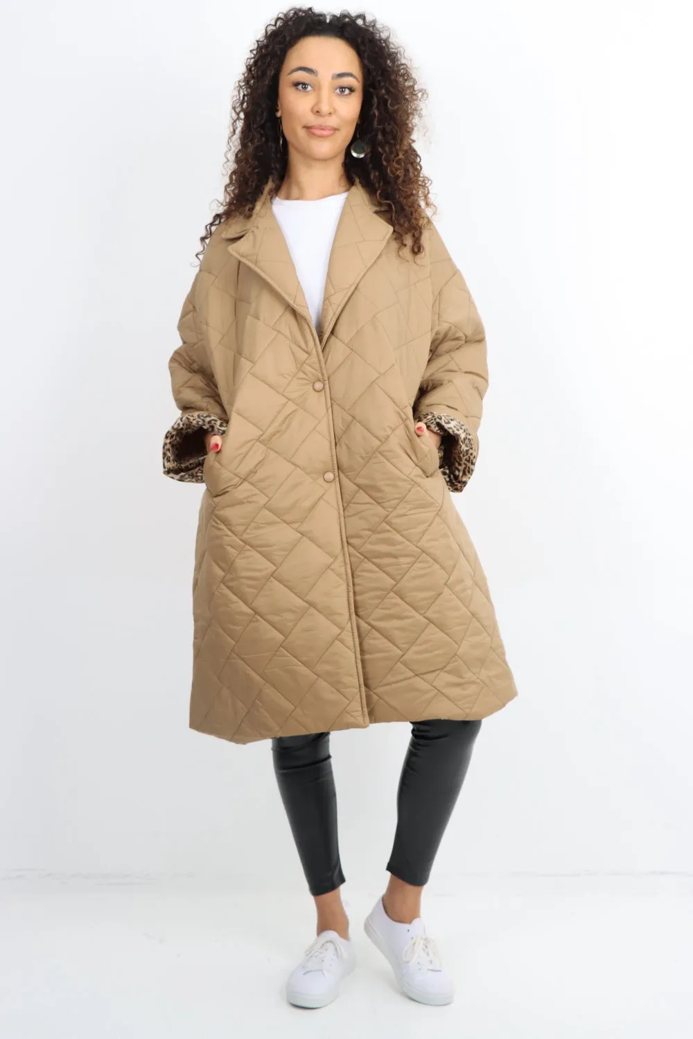Italian Longsleeve Leopard Lined Quilted Padded Longline Jacket