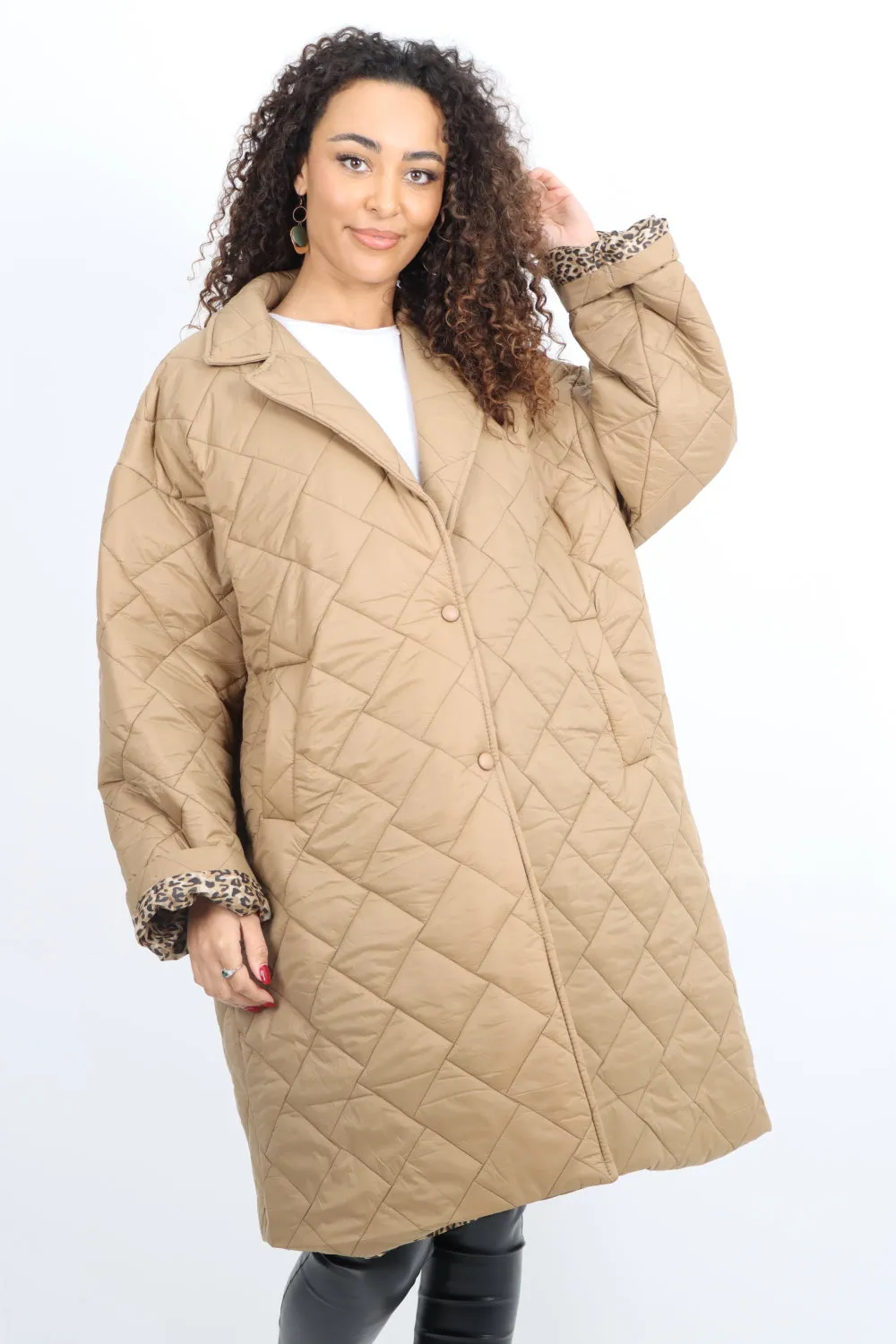 Italian Longsleeve Leopard Lined Quilted Padded Longline Jacket