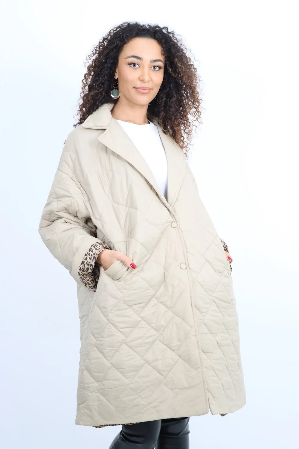 Italian Longsleeve Leopard Lined Quilted Padded Longline Jacket