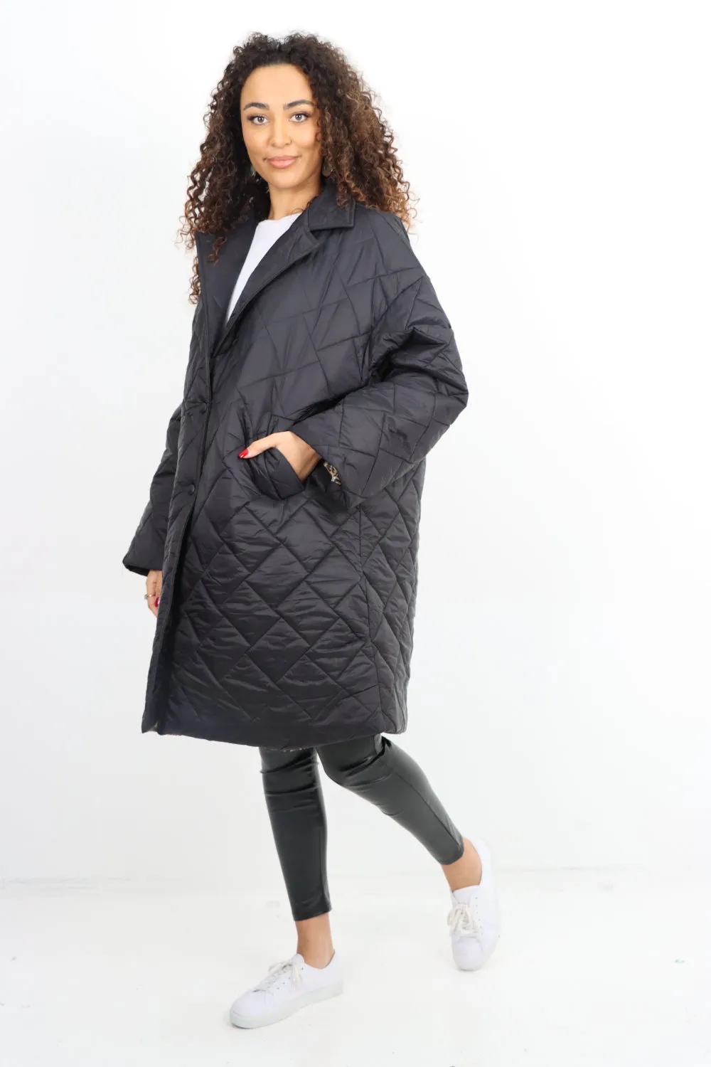 Italian Longsleeve Leopard Lined Quilted Padded Longline Jacket