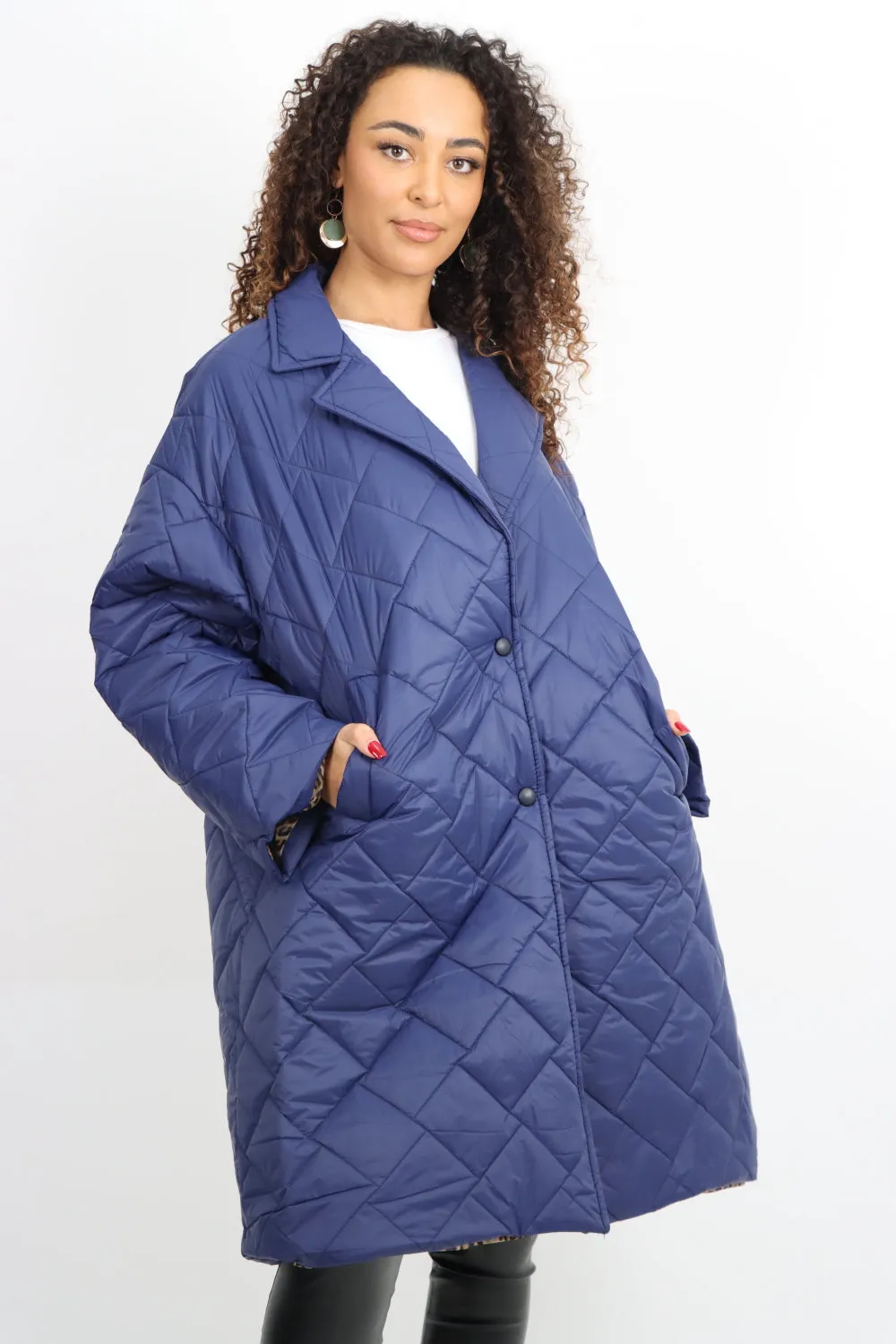 Italian Longsleeve Leopard Lined Quilted Padded Longline Jacket