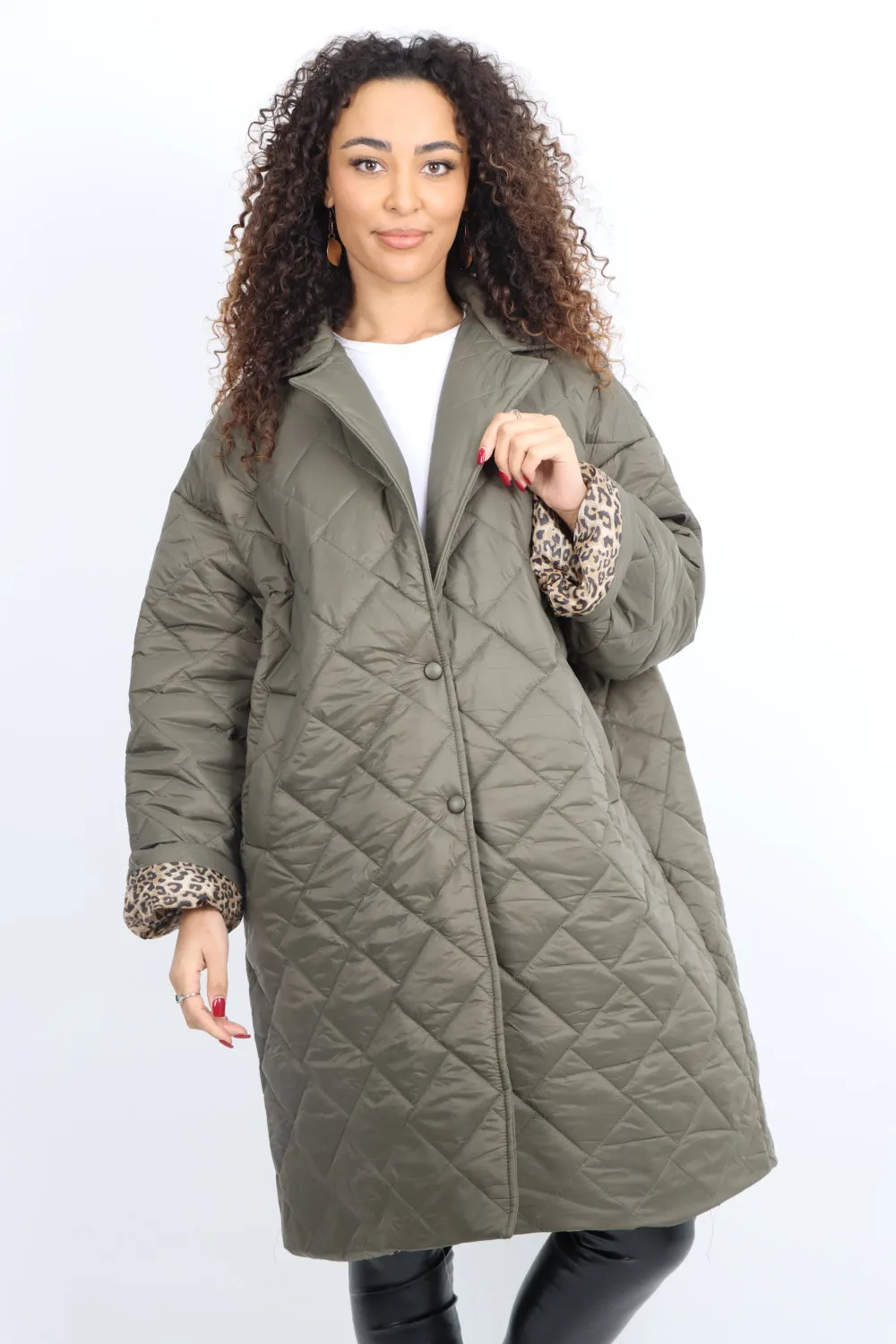 Italian Longsleeve Leopard Lined Quilted Padded Longline Jacket