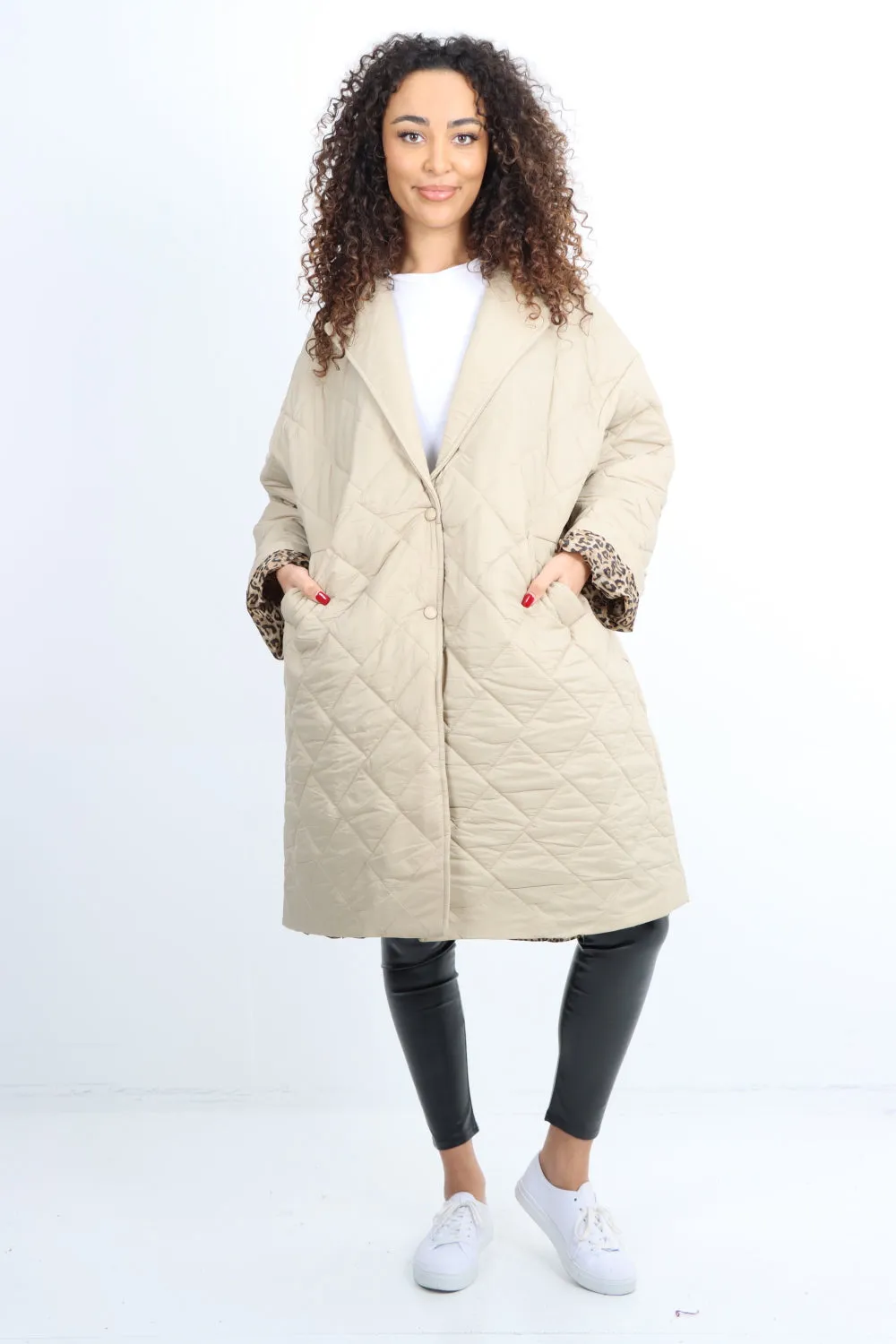 Italian Longsleeve Leopard Lined Quilted Padded Longline Jacket