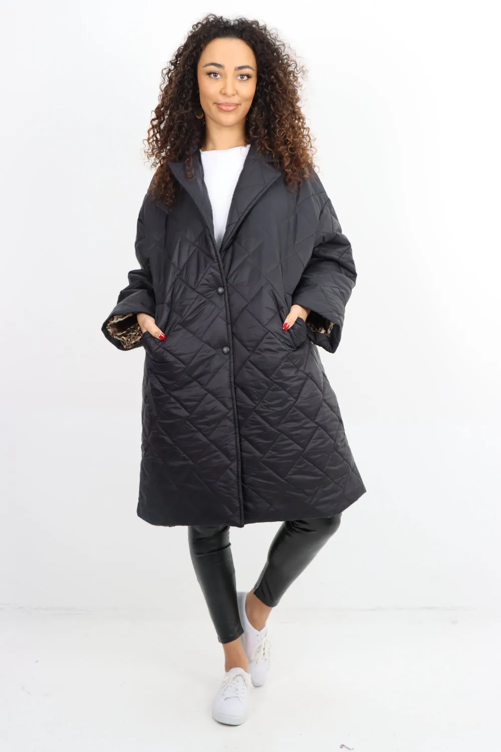 Italian Longsleeve Leopard Lined Quilted Padded Longline Jacket