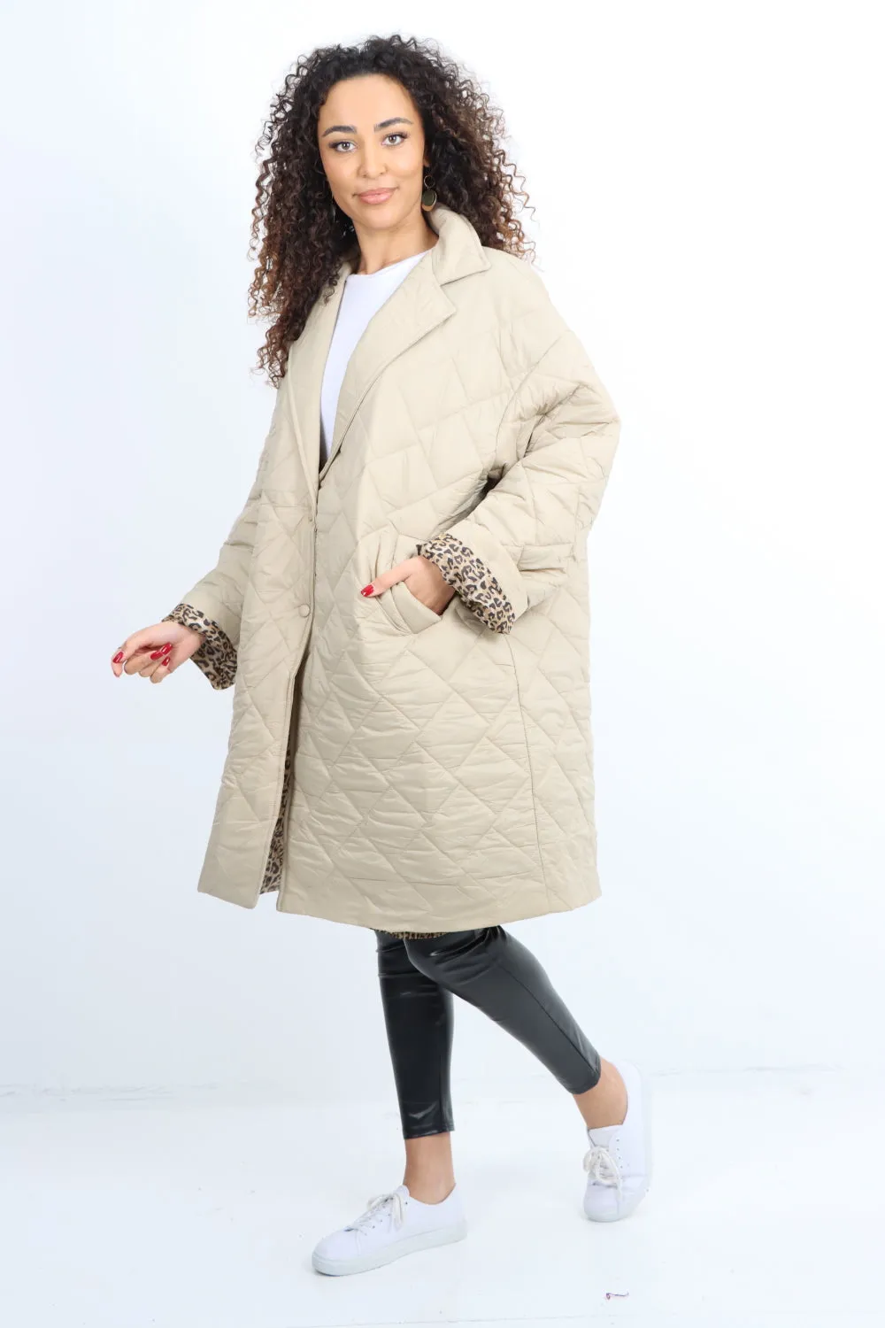 Italian Longsleeve Leopard Lined Quilted Padded Longline Jacket
