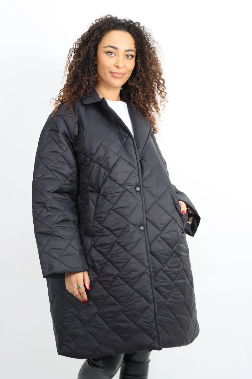 Italian Longsleeve Leopard Lined Quilted Padded Longline Jacket