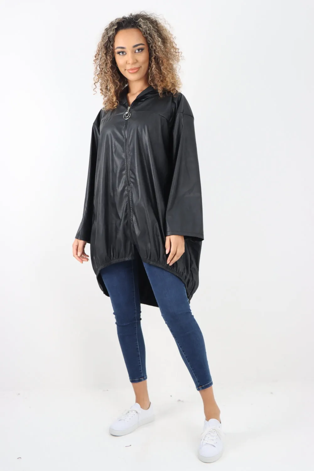 Italian PU Leather Zip Fastening Hooded Long Sleeve Jacket
