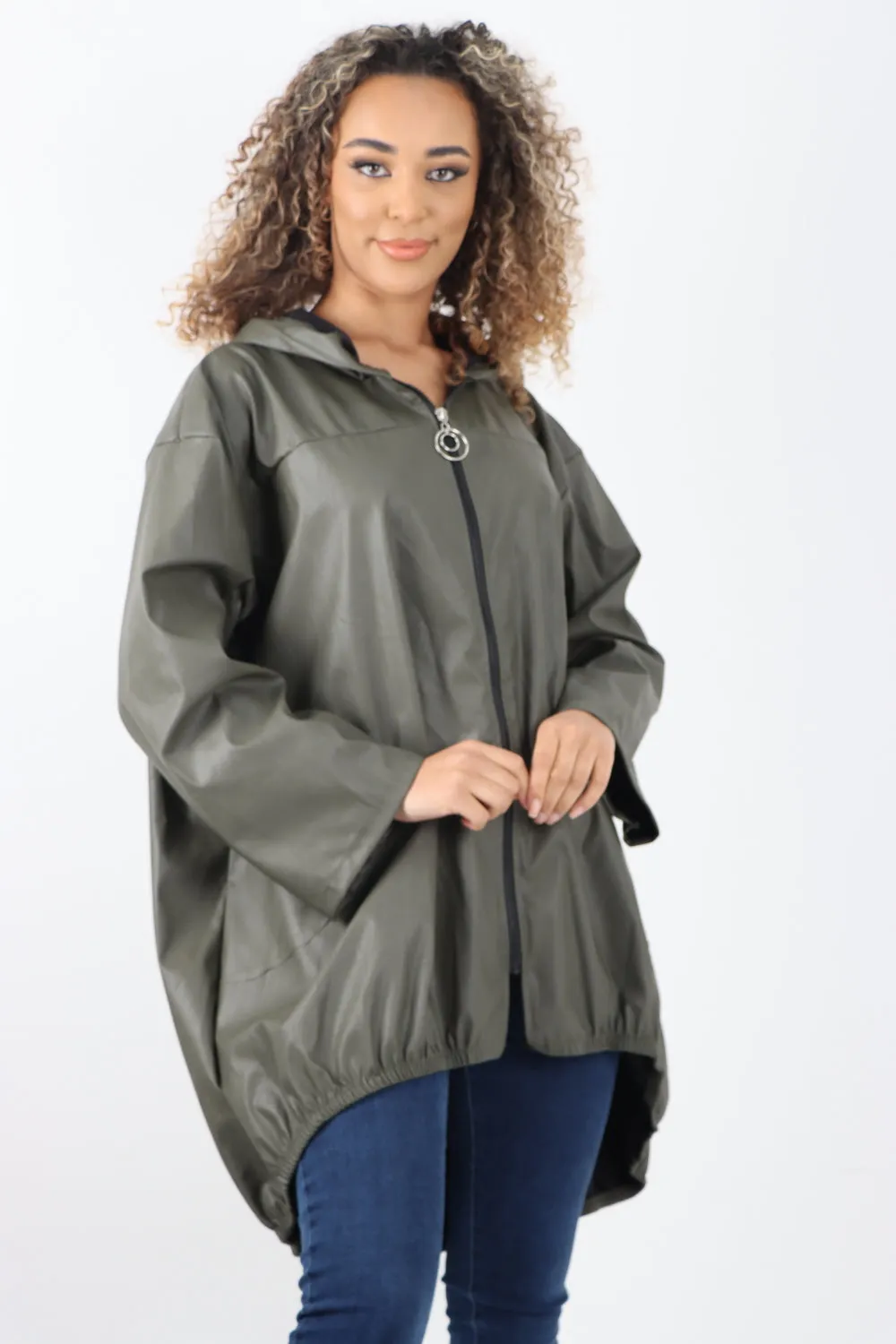 Italian PU Leather Zip Fastening Hooded Long Sleeve Jacket