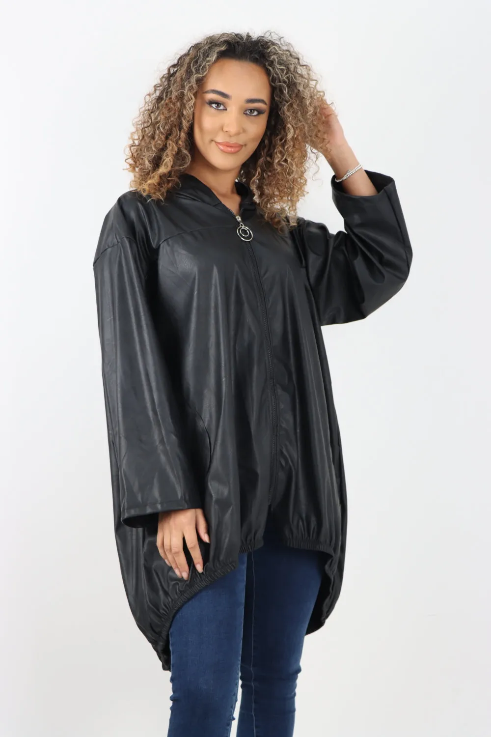 Italian PU Leather Zip Fastening Hooded Long Sleeve Jacket