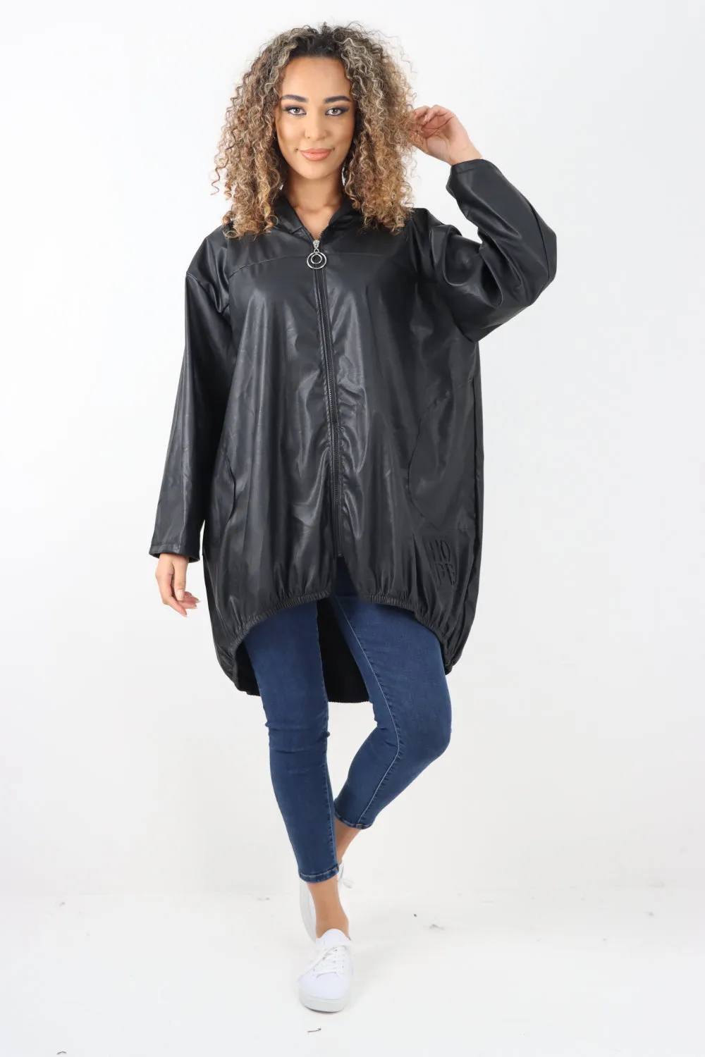Italian PU Leather Zip Fastening Hooded Long Sleeve Jacket