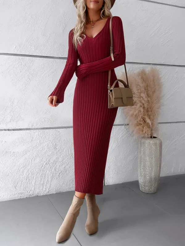 Knitwear V-Neck Ribbed Sweater Maxi Dress