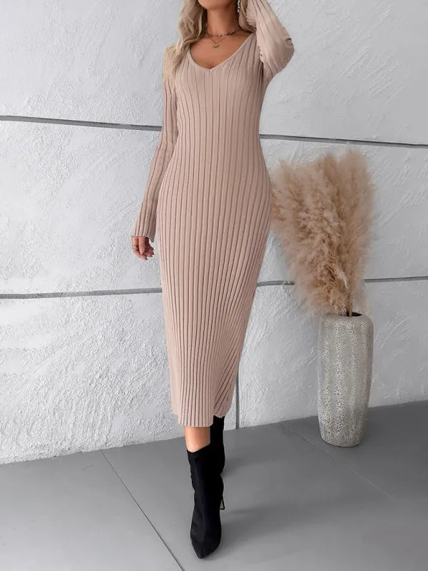 Knitwear V-Neck Ribbed Sweater Maxi Dress