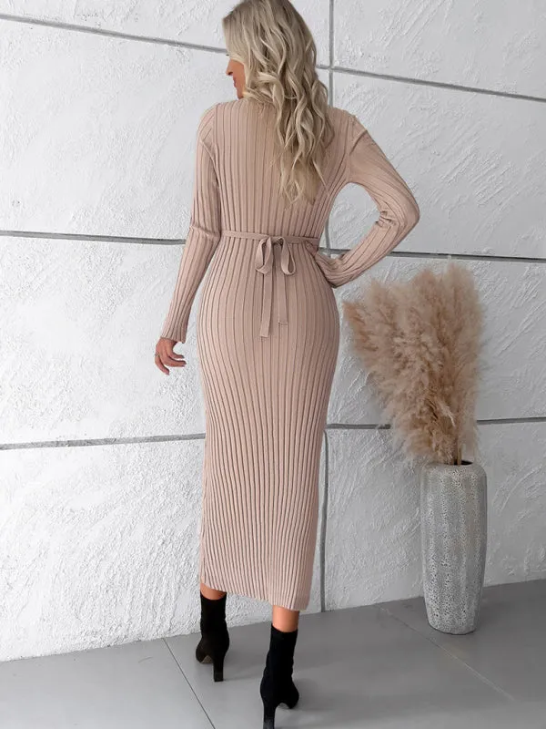 Knitwear V-Neck Ribbed Sweater Maxi Dress