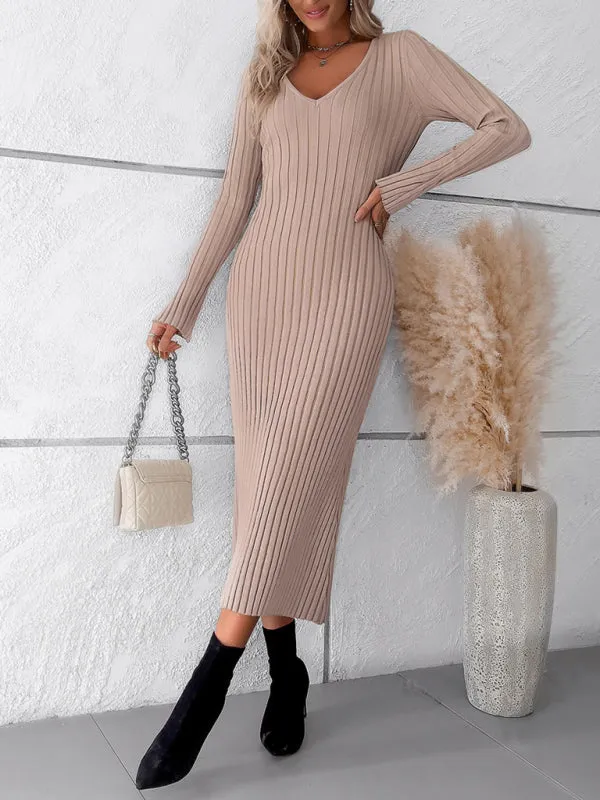 Knitwear V-Neck Ribbed Sweater Maxi Dress