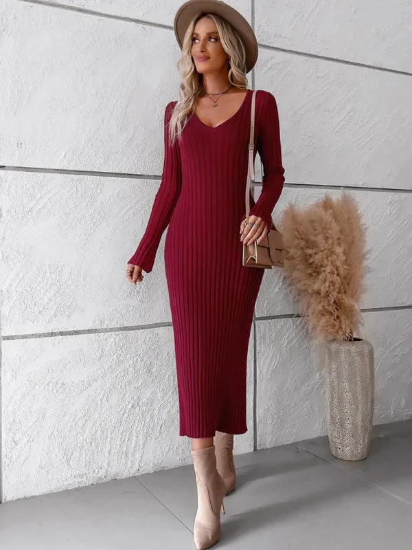 Knitwear V-Neck Ribbed Sweater Maxi Dress