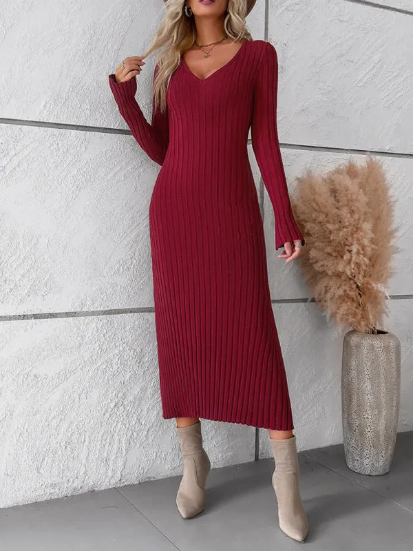 Knitwear V-Neck Ribbed Sweater Maxi Dress