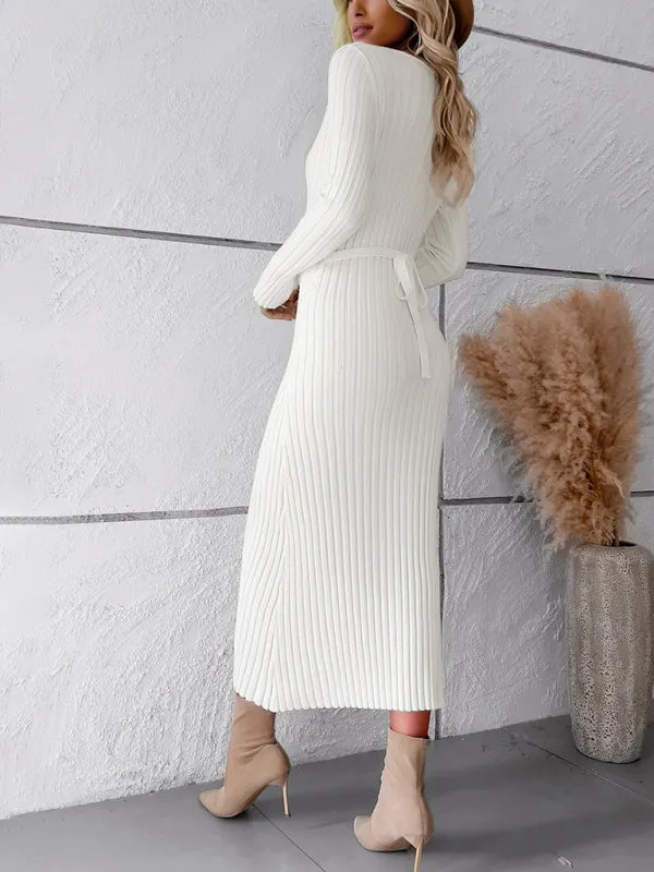 Knitwear V-Neck Ribbed Sweater Maxi Dress