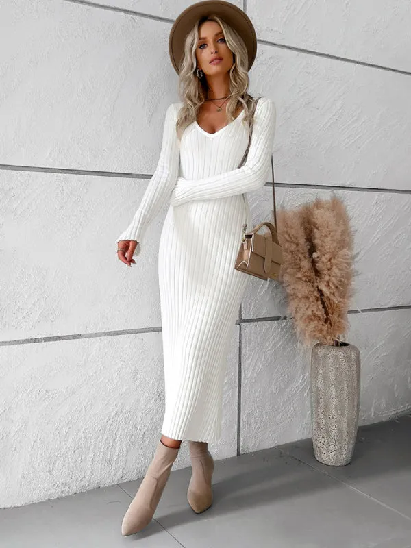 Knitwear V-Neck Ribbed Sweater Maxi Dress