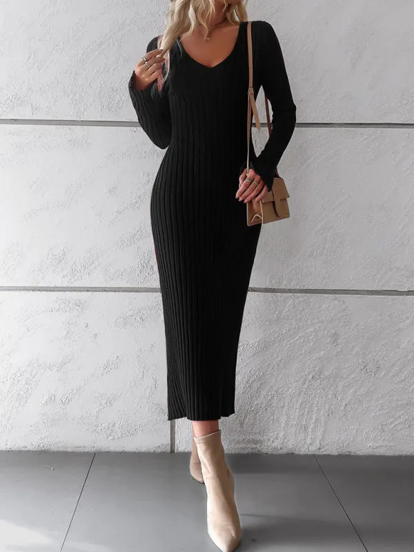 Knitwear V-Neck Ribbed Sweater Maxi Dress
