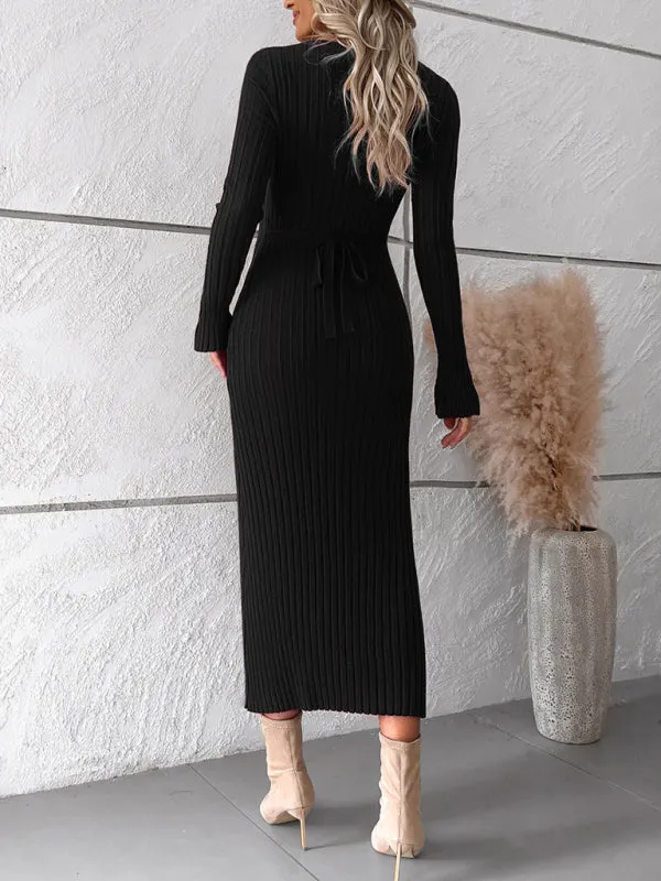 Knitwear V-Neck Ribbed Sweater Maxi Dress