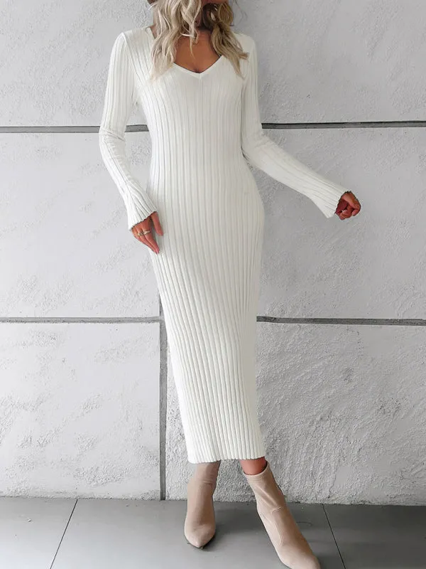 Knitwear V-Neck Ribbed Sweater Maxi Dress