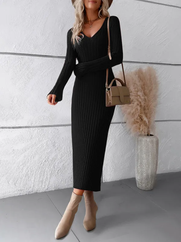 Knitwear V-Neck Ribbed Sweater Maxi Dress