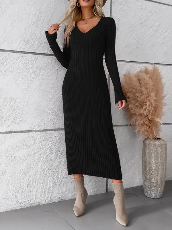 Knitwear V-Neck Ribbed Sweater Maxi Dress
