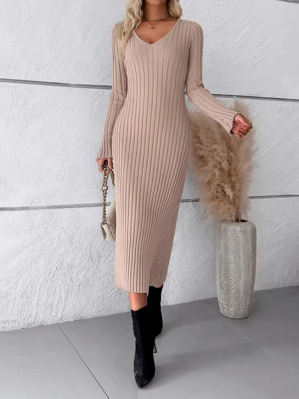 Knitwear V-Neck Ribbed Sweater Maxi Dress