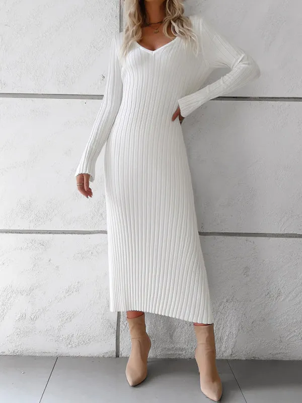 Knitwear V-Neck Ribbed Sweater Maxi Dress