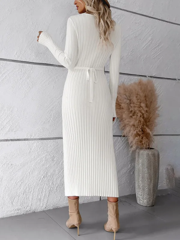 Knitwear V-Neck Ribbed Sweater Maxi Dress