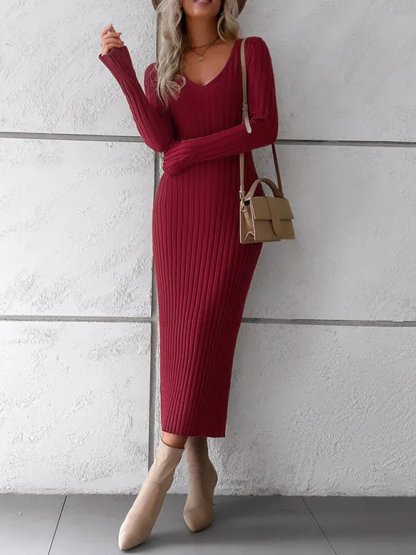Knitwear V-Neck Ribbed Sweater Maxi Dress