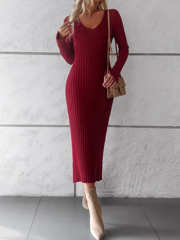 Knitwear V-Neck Ribbed Sweater Maxi Dress