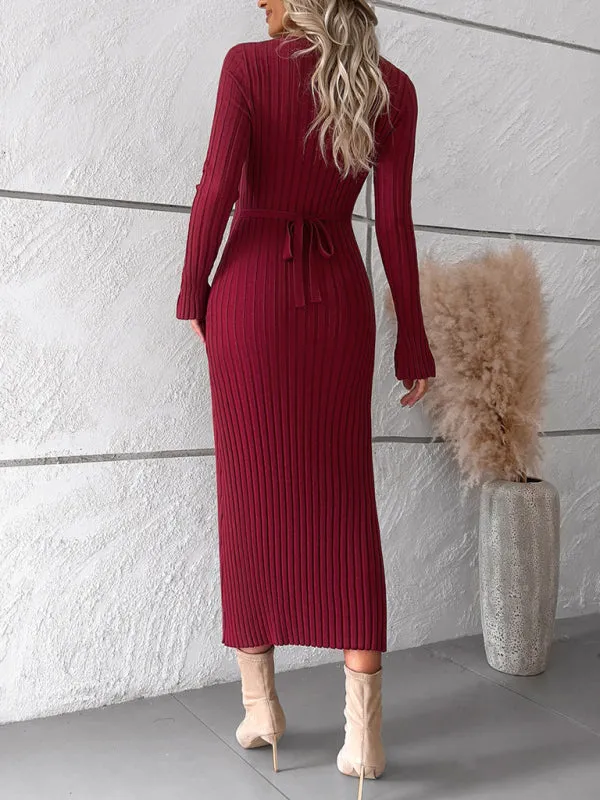 Knitwear V-Neck Ribbed Sweater Maxi Dress