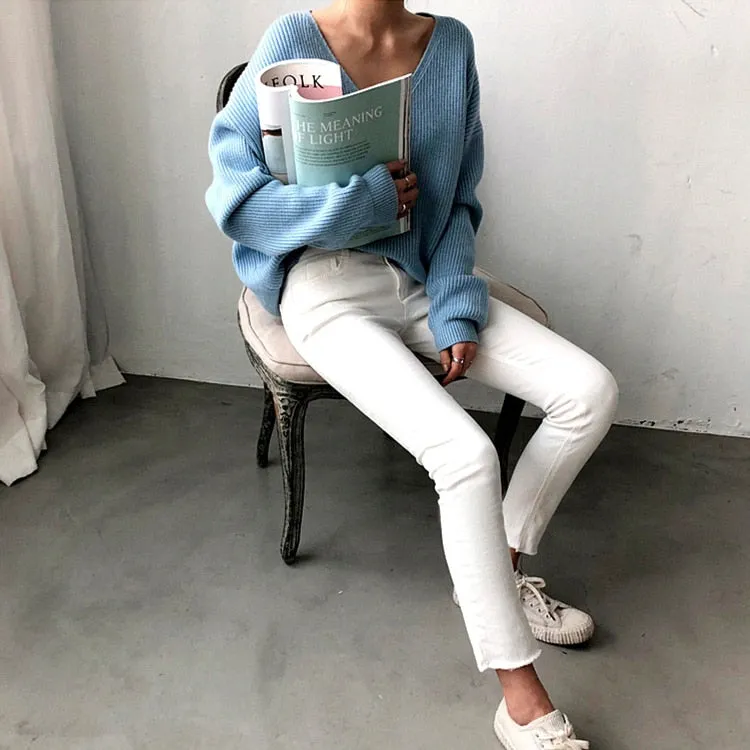 [Korean Style] Chester V neck Loose Fit Knit Top