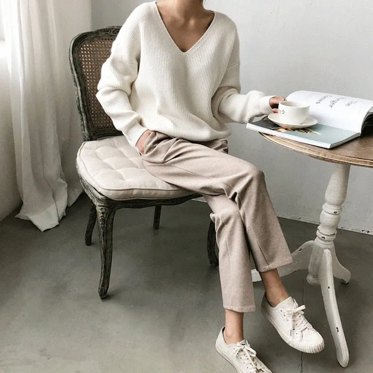 [Korean Style] Chester V neck Loose Fit Knit Top