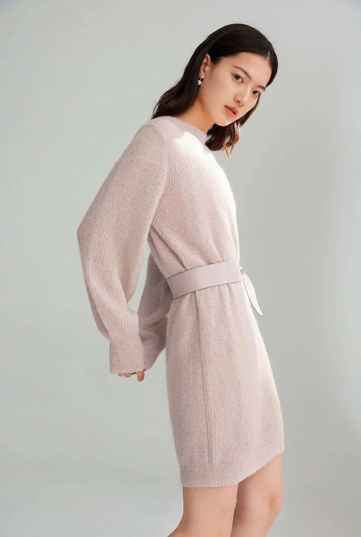 Lantern Sleeve Belted Sweater Midi Dress