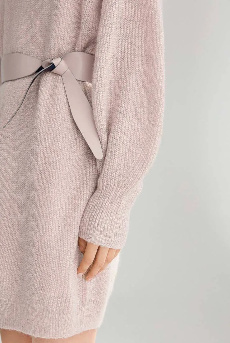 Lantern Sleeve Belted Sweater Midi Dress