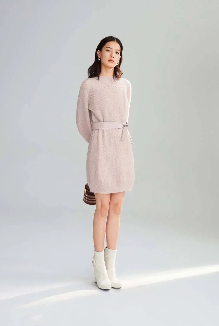 Lantern Sleeve Belted Sweater Midi Dress