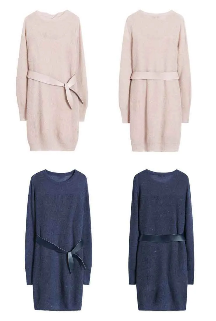 Lantern Sleeve Belted Sweater Midi Dress