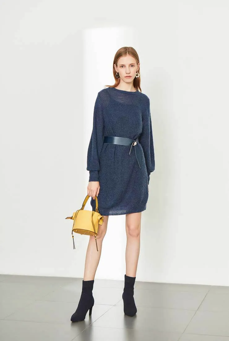 Lantern Sleeve Belted Sweater Midi Dress