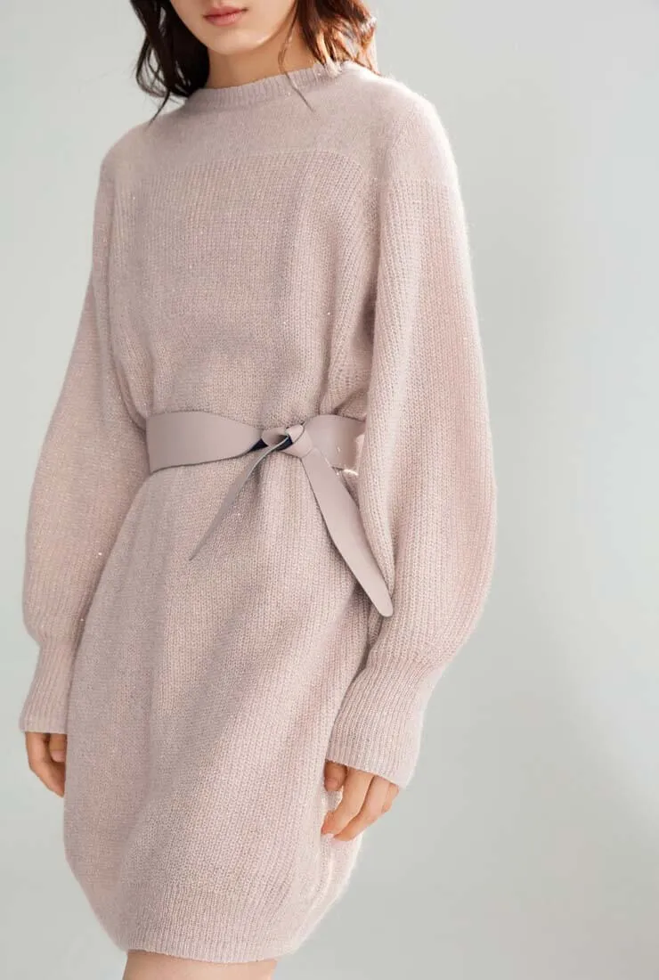 Lantern Sleeve Belted Sweater Midi Dress