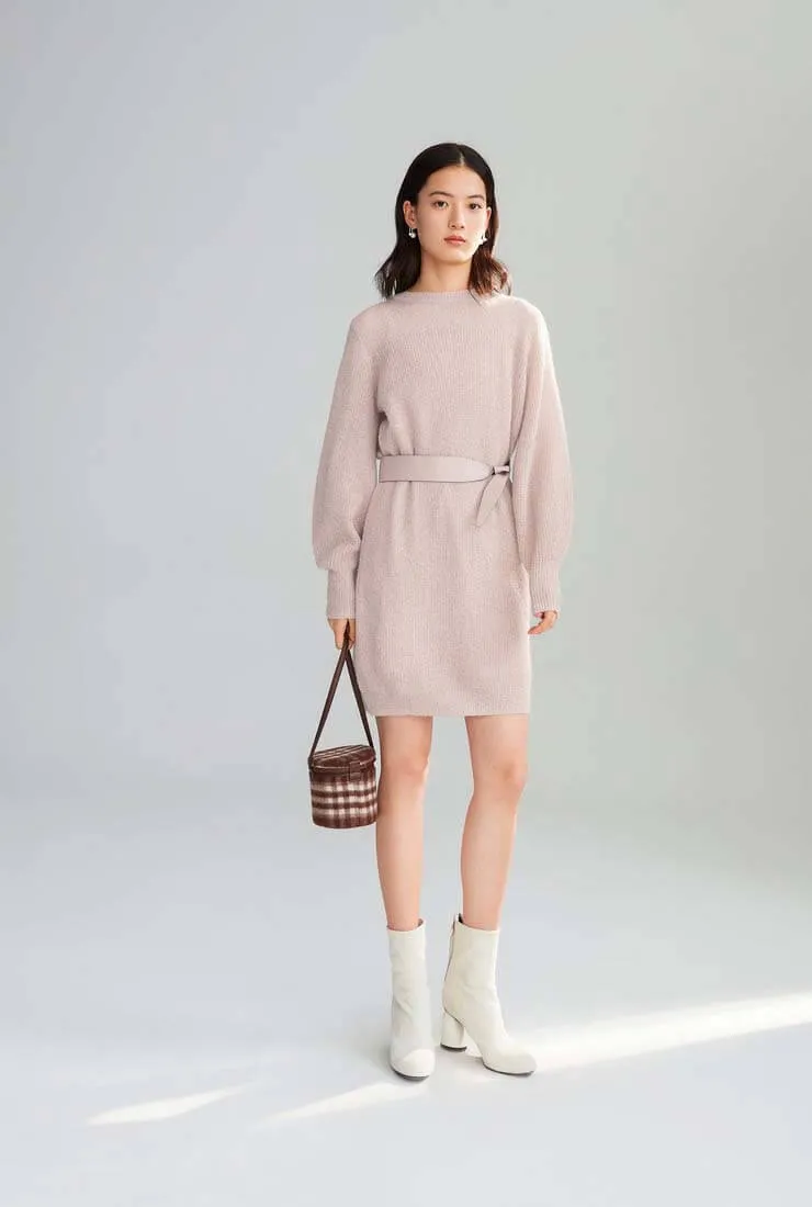 Lantern Sleeve Belted Sweater Midi Dress