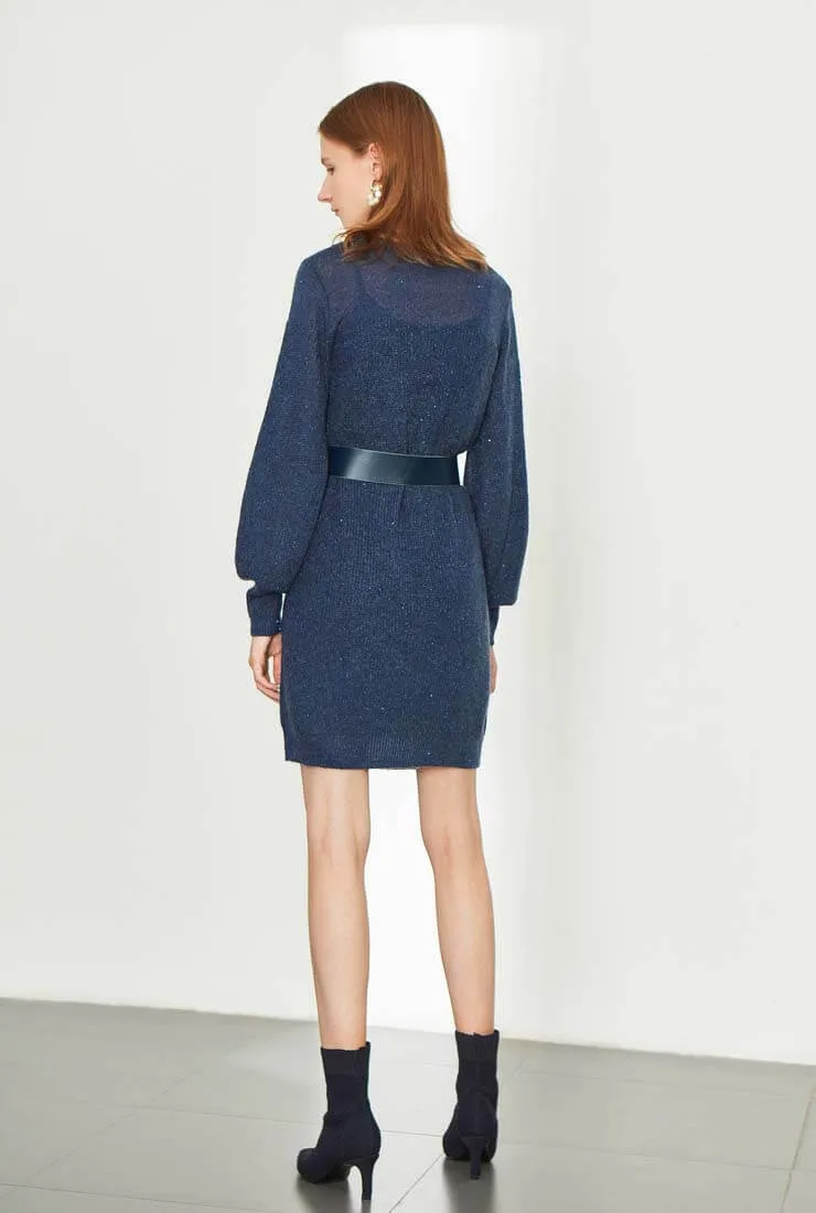 Lantern Sleeve Belted Sweater Midi Dress
