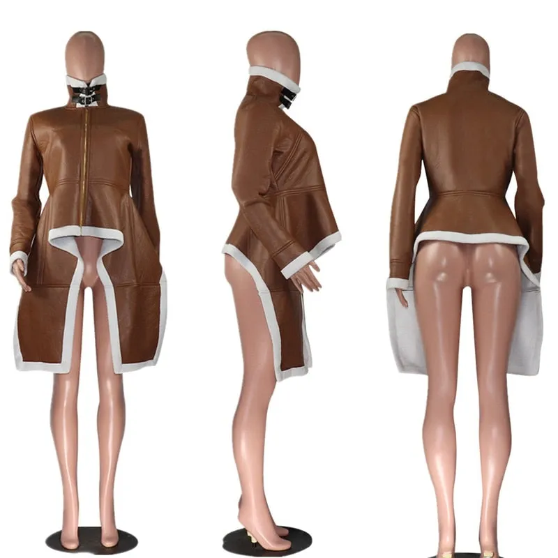 Leather Fleece Long Sleeve Asymmetrical Hem Lambskin Wool Coat