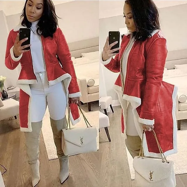Leather Fleece Long Sleeve Asymmetrical Hem Lambskin Wool Coat