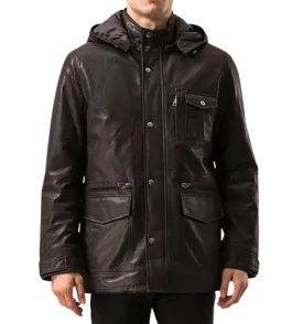 Mens Jax Front Button Choco Brown Hooded Leather Coat
